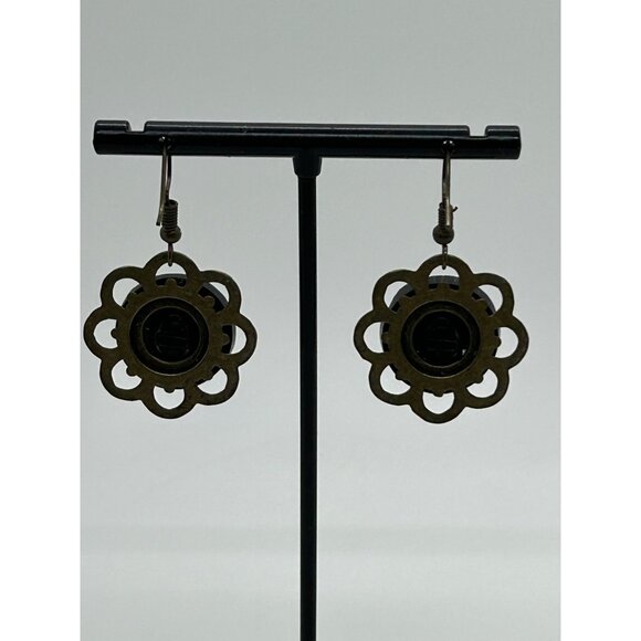 Vintage Button-Inspired Silver-Tone Dangle Earrings With Flower Design Retro - Picture 7 of 11